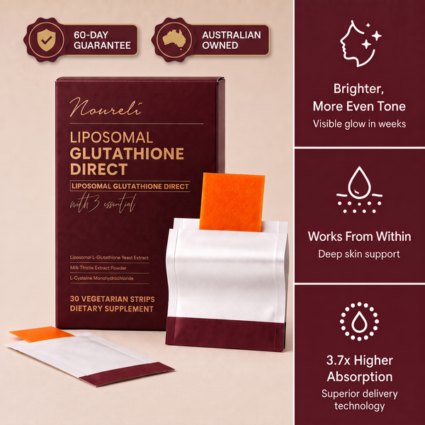 Noureli Glutathione Melt Strips with 60-day guarantee and Australian-owned badges
