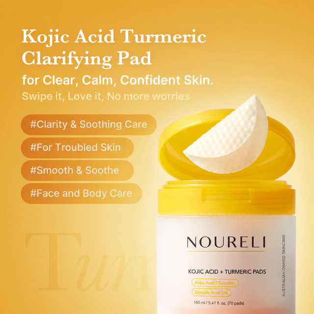 Noureli clarifying pad benefits with an open jar and textured pad