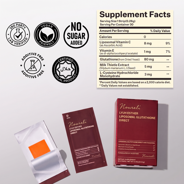 Noureli Glutathione Melt Strips supplement facts with certified halal badge