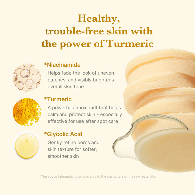 Niacinamide, turmeric and glycolic acid benefits in the clarifying-pad formula