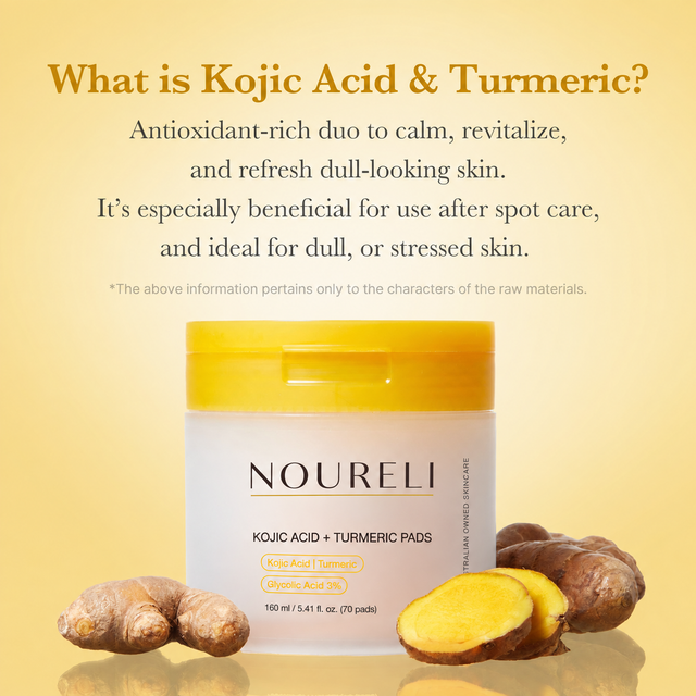 Kojic acid and turmeric product story with a Noureli pads jar