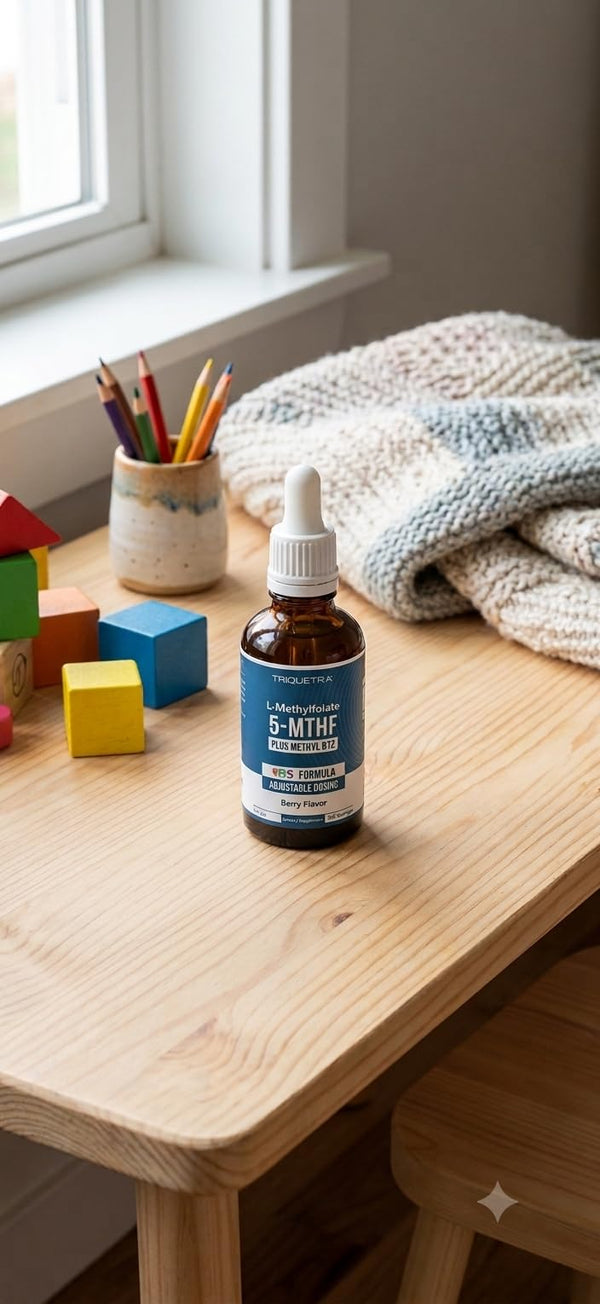 Triquetra Kids L-Methylfolate 5-MTHF bottle on a wooden table