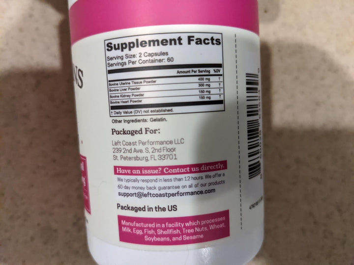 Supplement Facts label listing bovine uterine, liver, kidney and heart powders