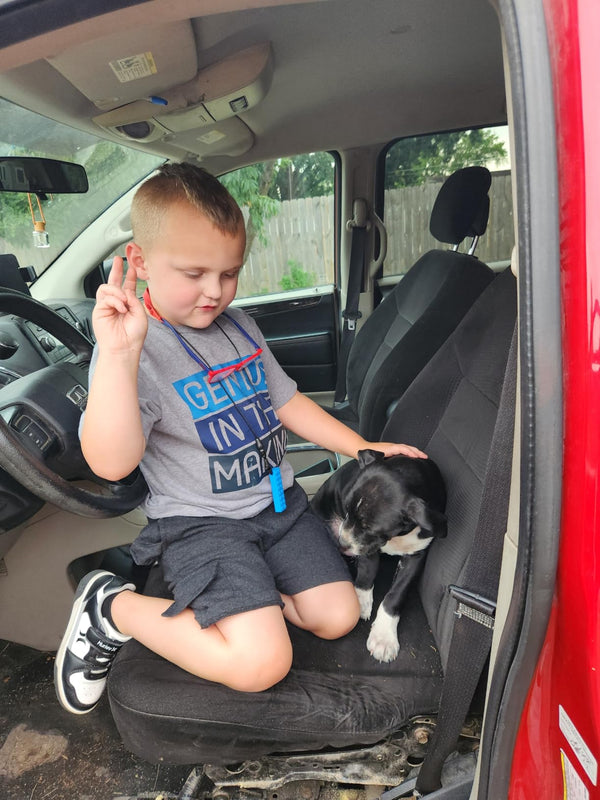 Young boy sitting beside a puppy in a red vehicle