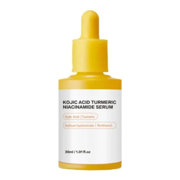 30 mL kojic acid, turmeric and niacinamide serum in a yellow dropper bottle